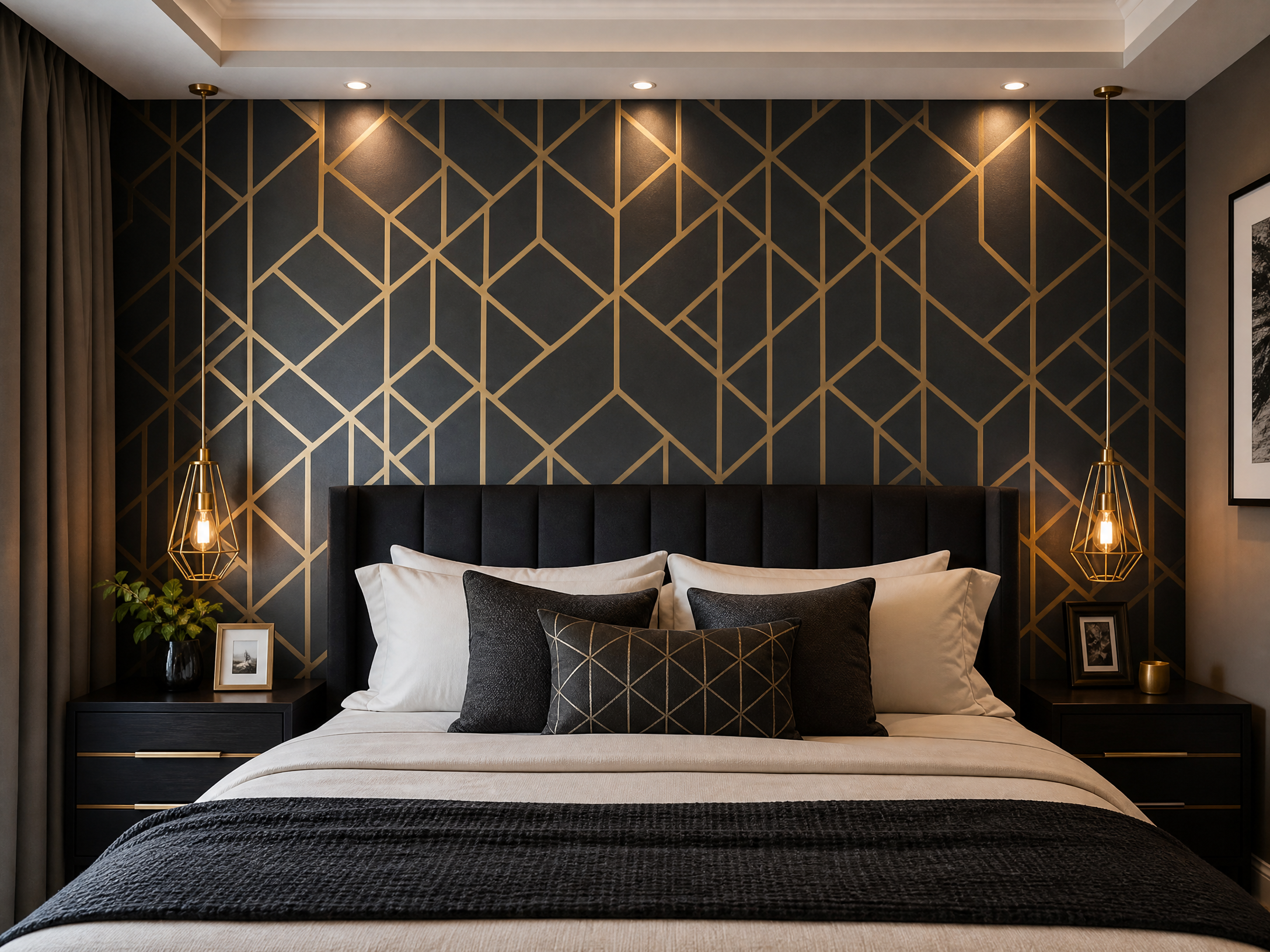 Modern bedroom geometric feature wall